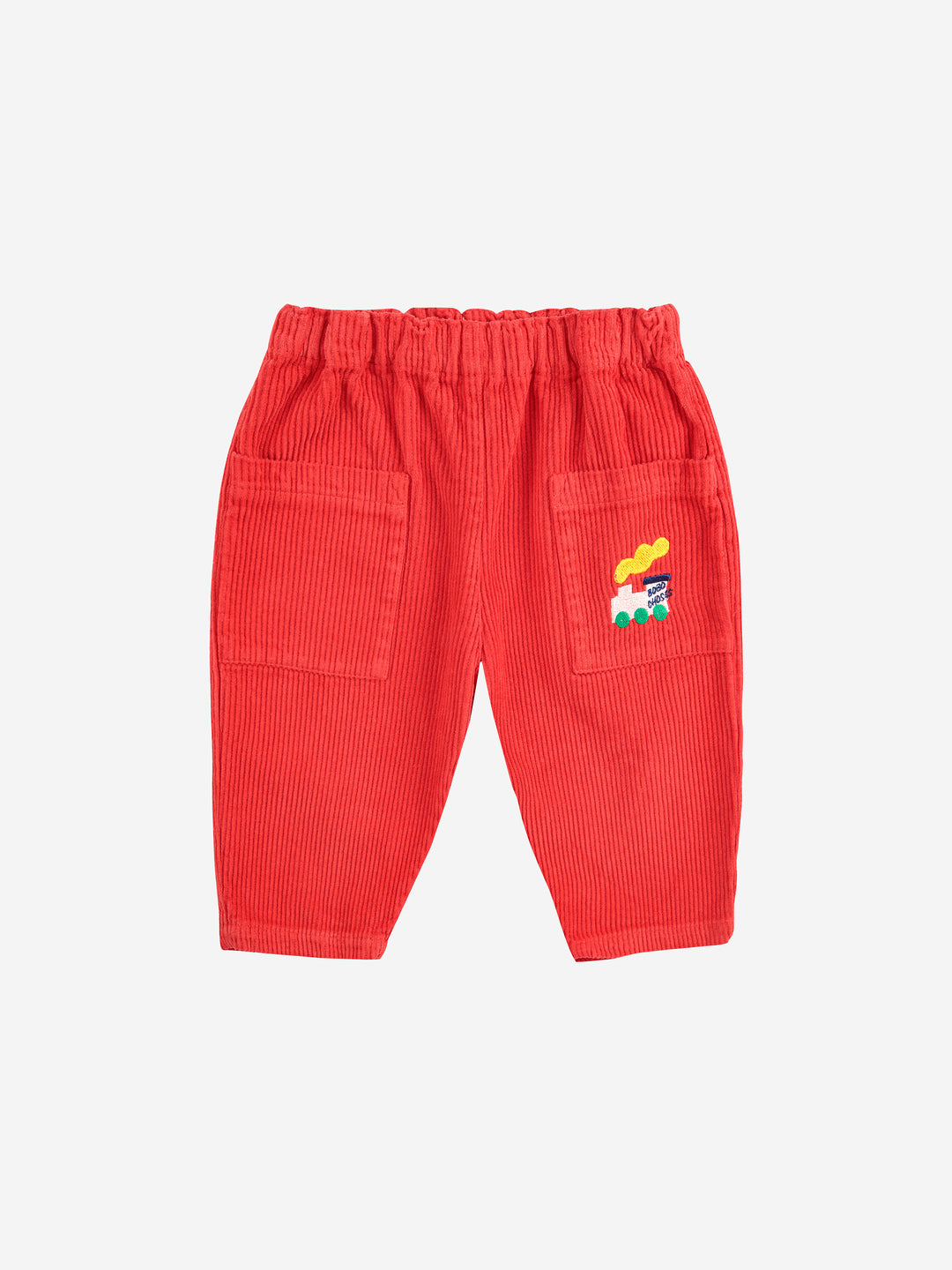 Pantalon en velours côtelé rouge avec imprimé choo choo train
