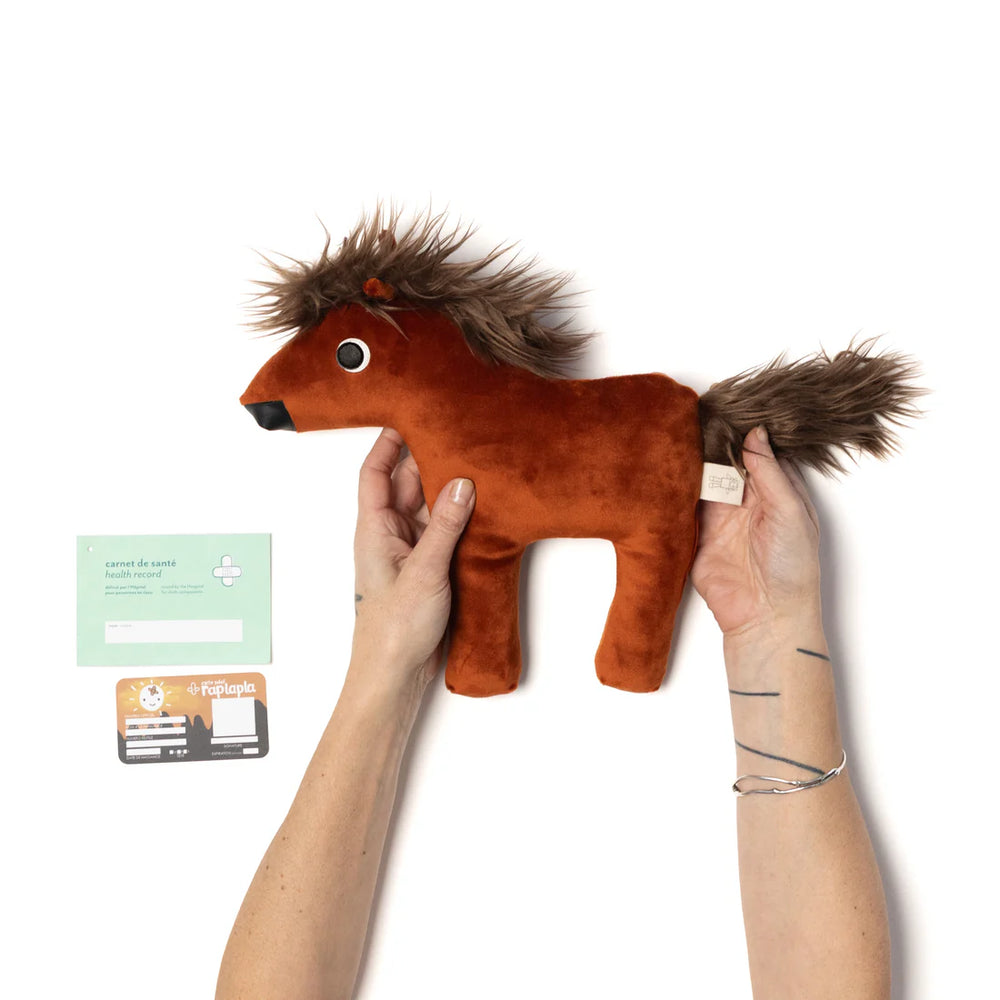 Peluche Raplapla en velours brun en forme de cheval