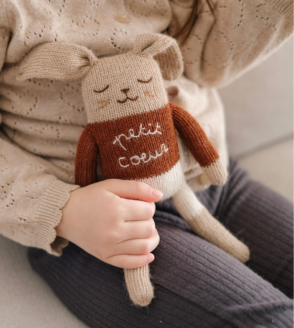 Petit lapin en laine avec les mots Petit coeur tricotés