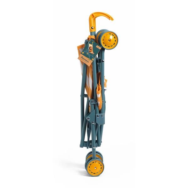 Poussette pliée pour poupée bleue avec tissu rayé orange