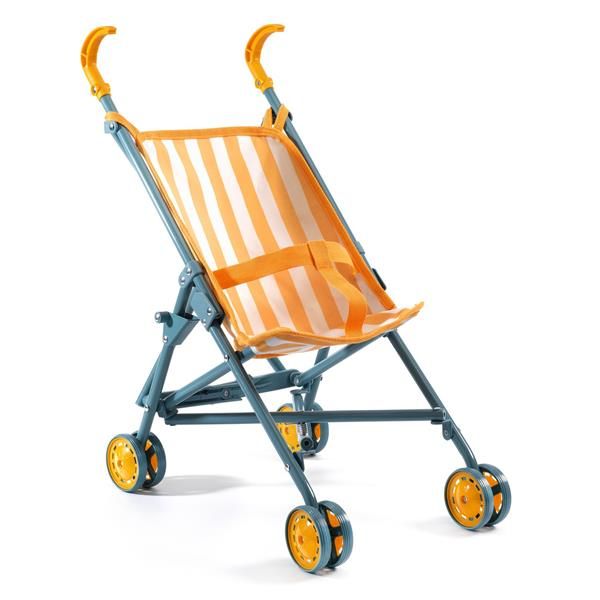 Poussette pour poupée bleue avec tissu rayé orange