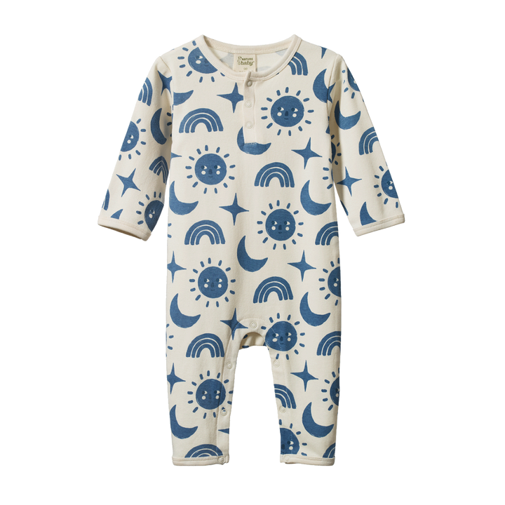Pyjama pour enfant en coton blanc avec imprimé soleil, lunes, étoiles et arc-en-ciels bleus