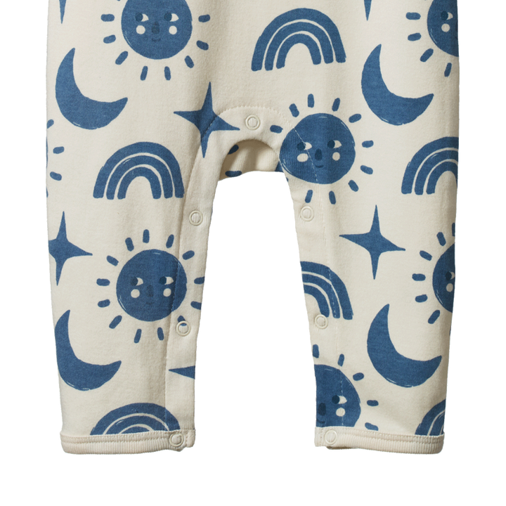 Jambes de Pyjama pour enfant en coton blanc avec imprimé soleil, lunes, étoiles et arc-en-ciels bleus
