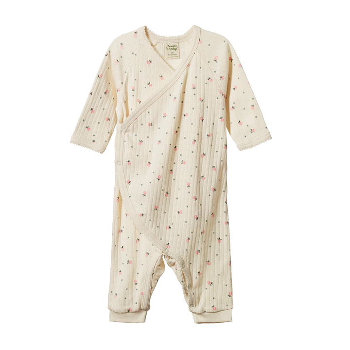 Pyjama kimono pointelle Nature Baby en coton blanc avec imprimé fleurs roses