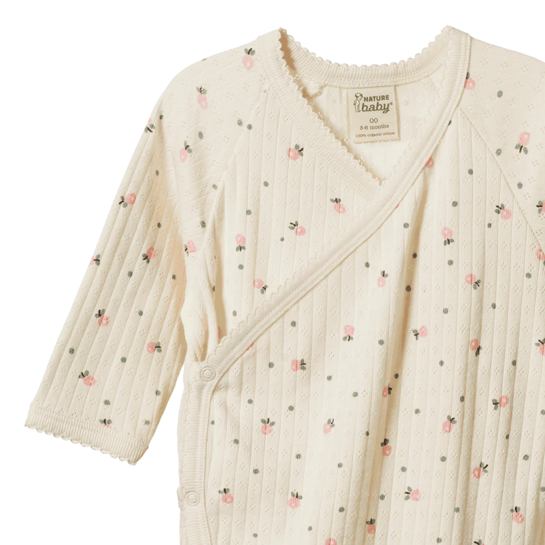 Pyjama kimono pointelle Nature Baby en coton blanc avec imprimé fleurs roses