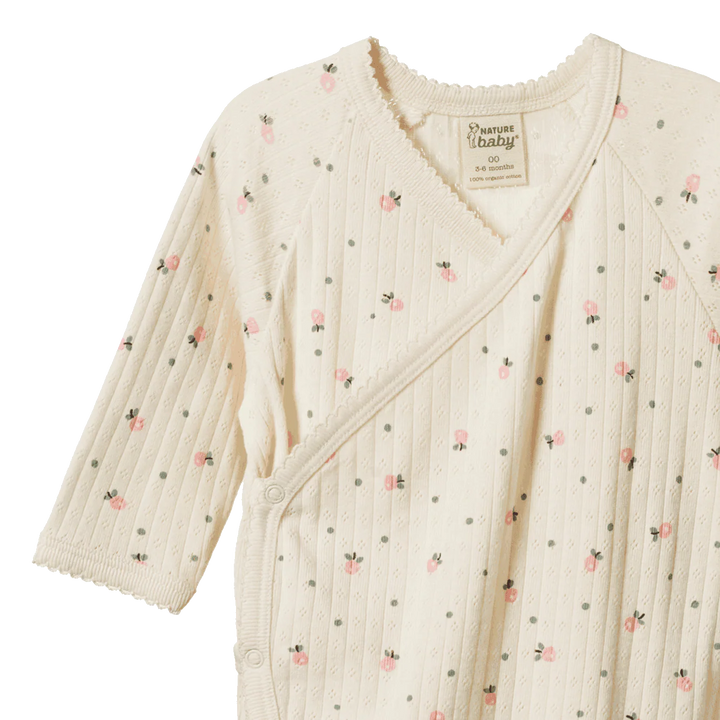 Pyjama kimono pointelle Nature Baby en coton blanc avec imprimé fleurs roses