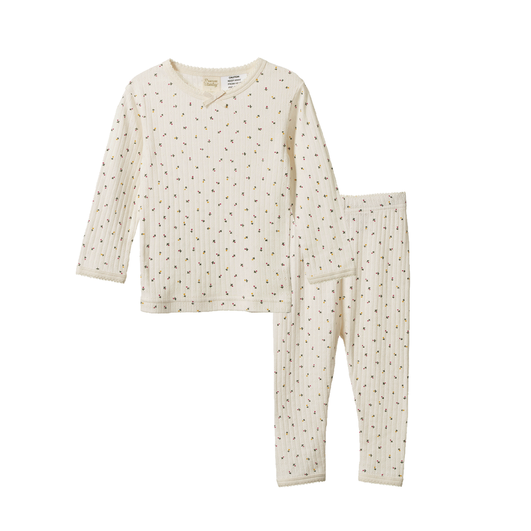 Pyjama manches longues pointelle écru avec imprimé floral