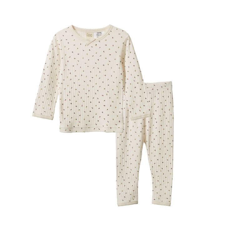 Pyjama manches longues pointelle écru avec imprimé floral