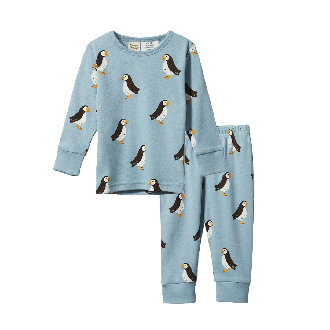 Pyjama manches longues en coton bleu avec imprimé macareux
