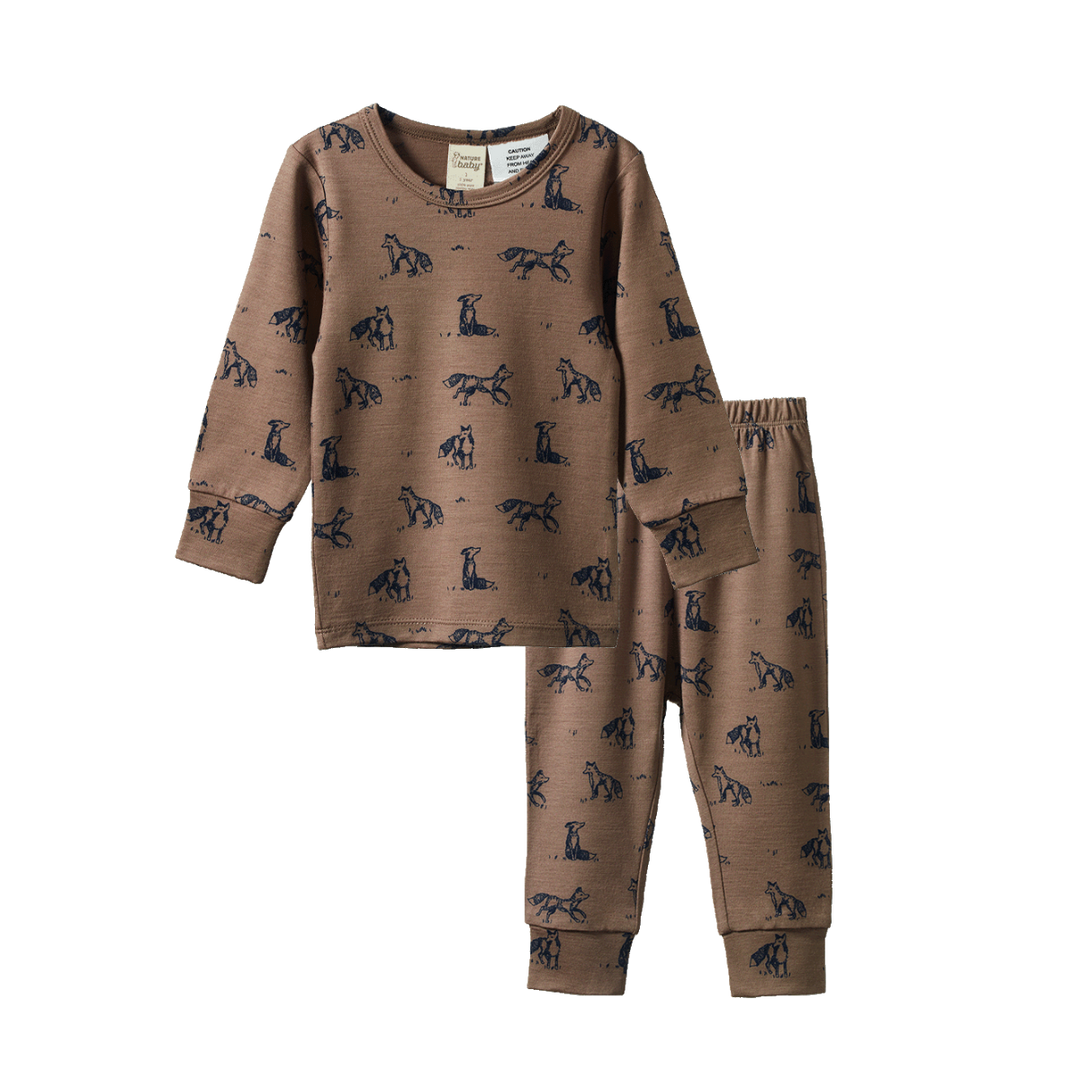 Pyjama manches longues en mérinos brun avec imprimé renards