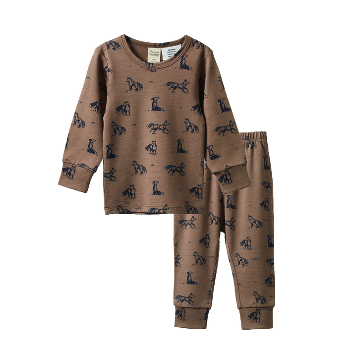 Pyjama manches longues en mérinos brun avec imprimé renards
