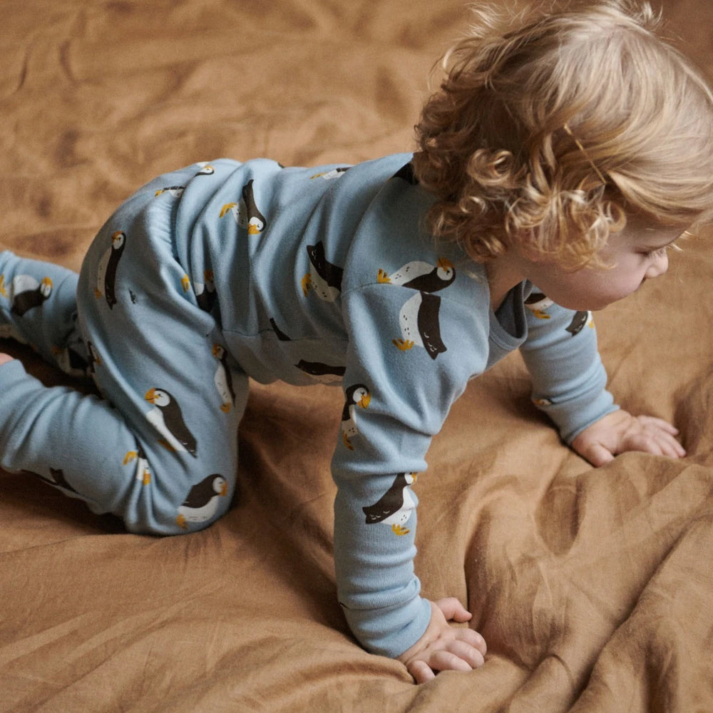 Bébé avec Pyjama manches longues en coton bleu avec imprimé macareux