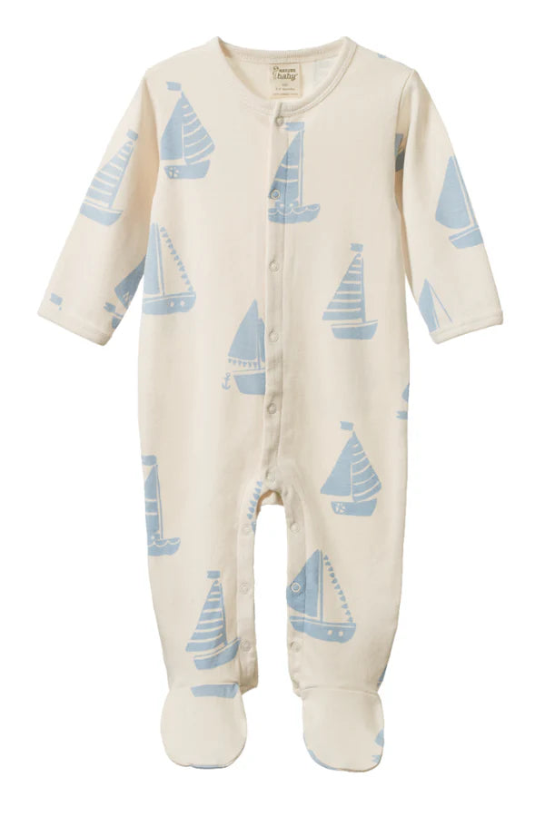 Pyjama à pattes Nature Baby en coton blanc avec imprimé voiliers bleus
