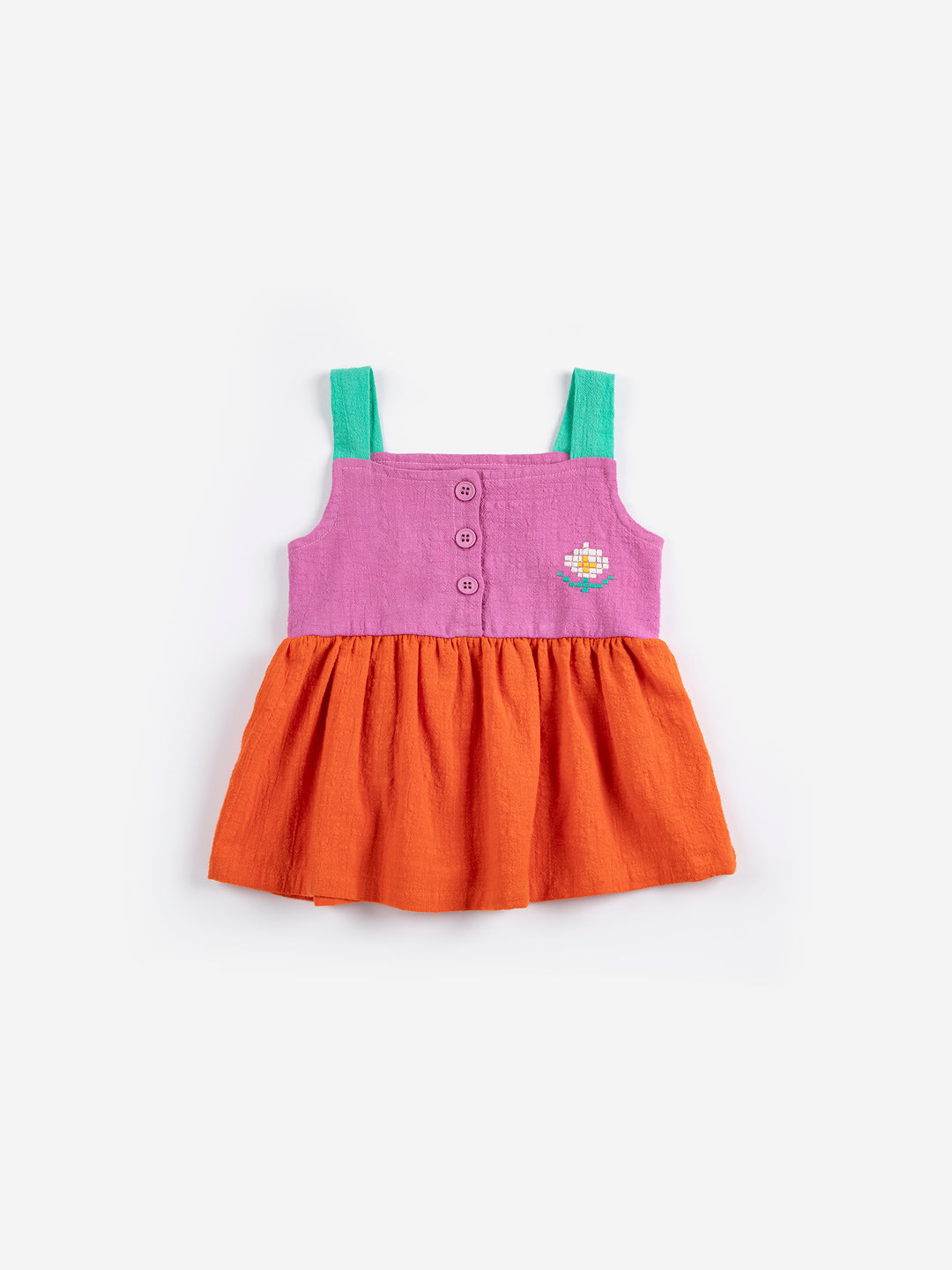 Robe Bobo Choses en coton orange, rose et vert avec un marguerite tissée