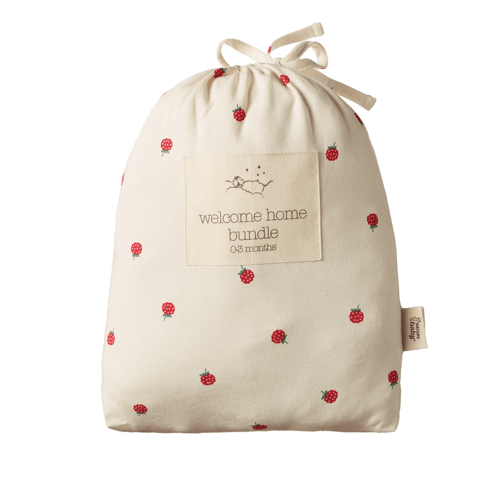 Sac d’Ensemble cadeau de naissance Nature Baby en coton naturel avec imprimé framboise