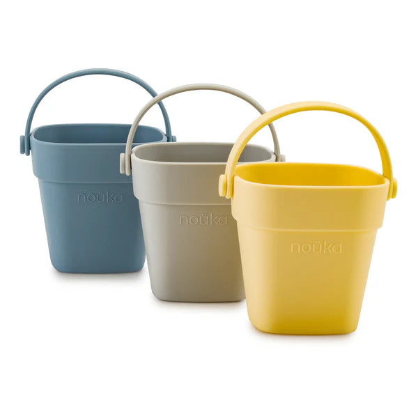 Seaux de bain en silicone jaune, bleu, et gris
