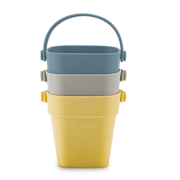 Seaux de bain en silicone jaune, bleu, et gris