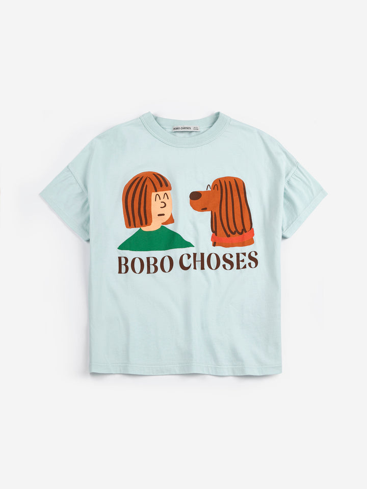 T-Shirt Bobo Choses en coton bleu pâle avec imprimé enfant et chien