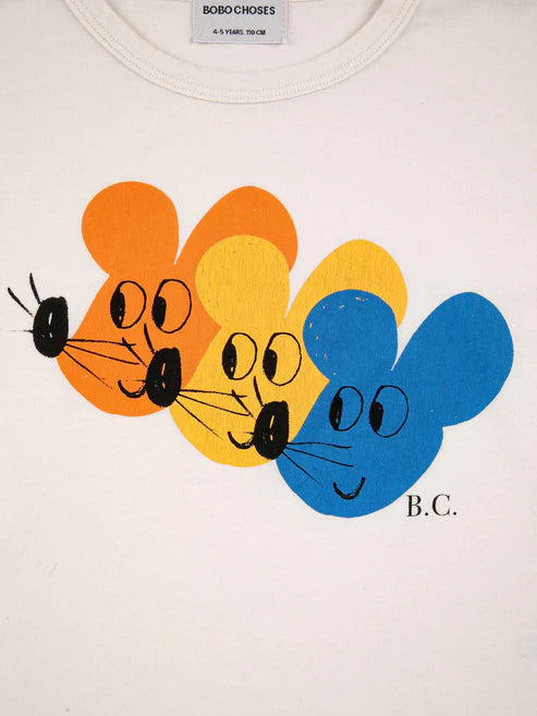 T shirt en coton biologique crème avec imprimé souris orange, jaune et bleu