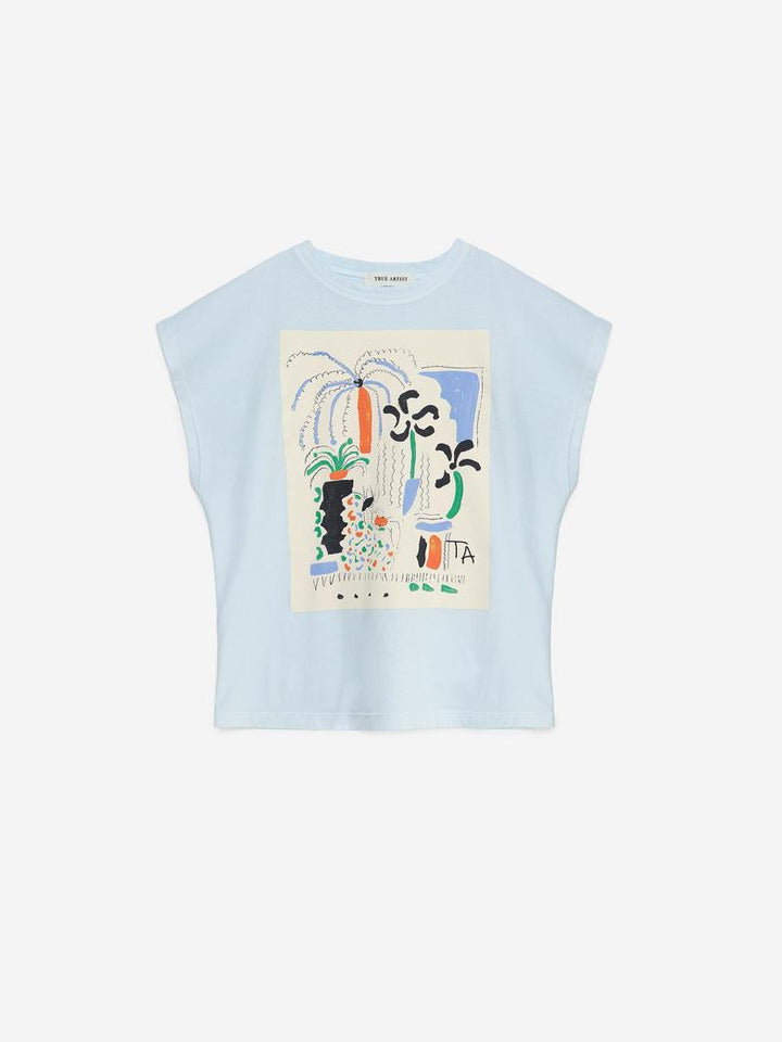 T-shirt True Artist en coton bleu pâle avec imprimé fleurs et plantes