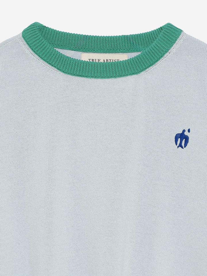 Détail de T-shirt True Artist tricoté en coton bleu pâle avec détails oranges et verts