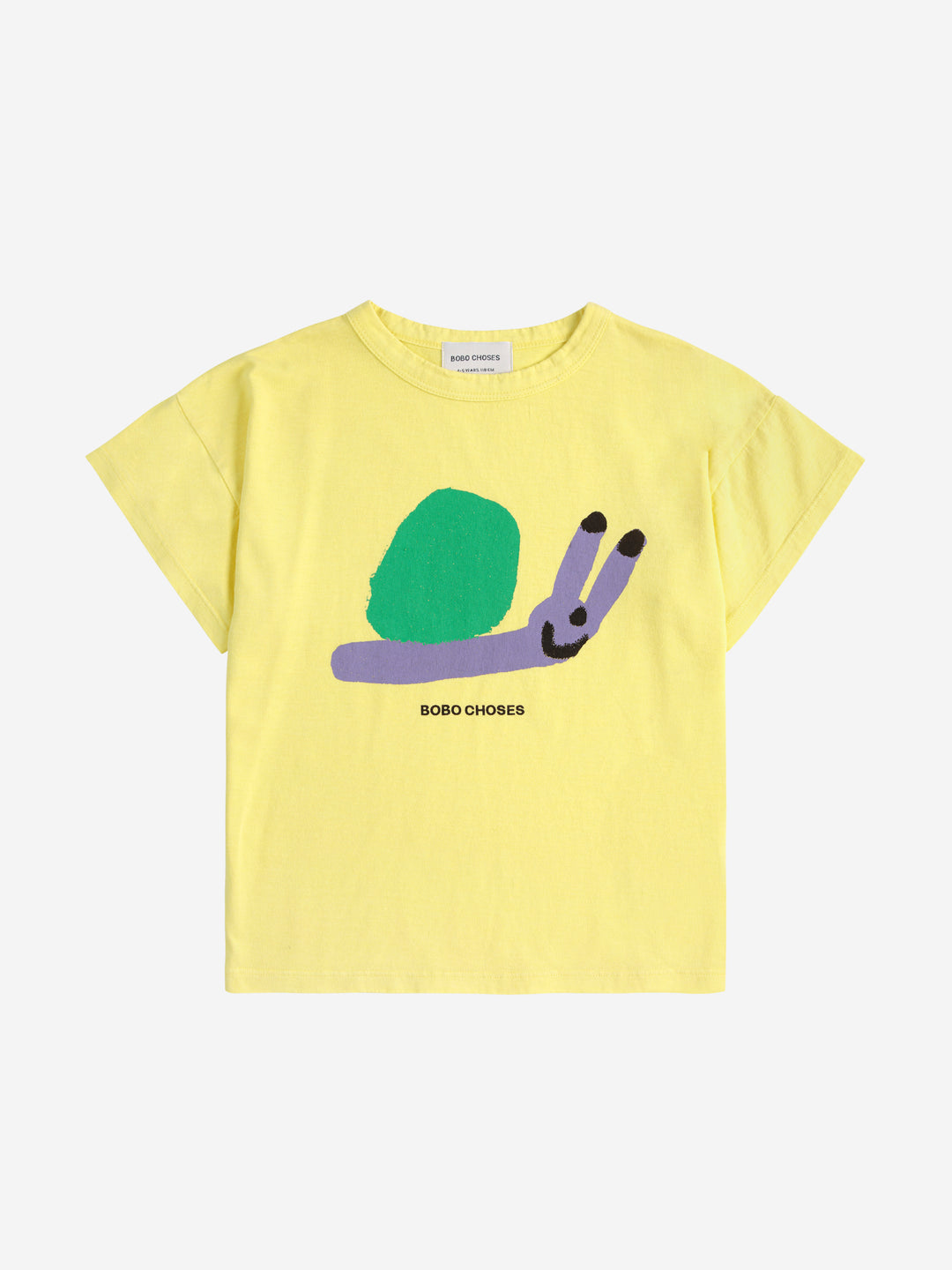 T-shirt en coton jaune avec imprimé escargot mauve et vert