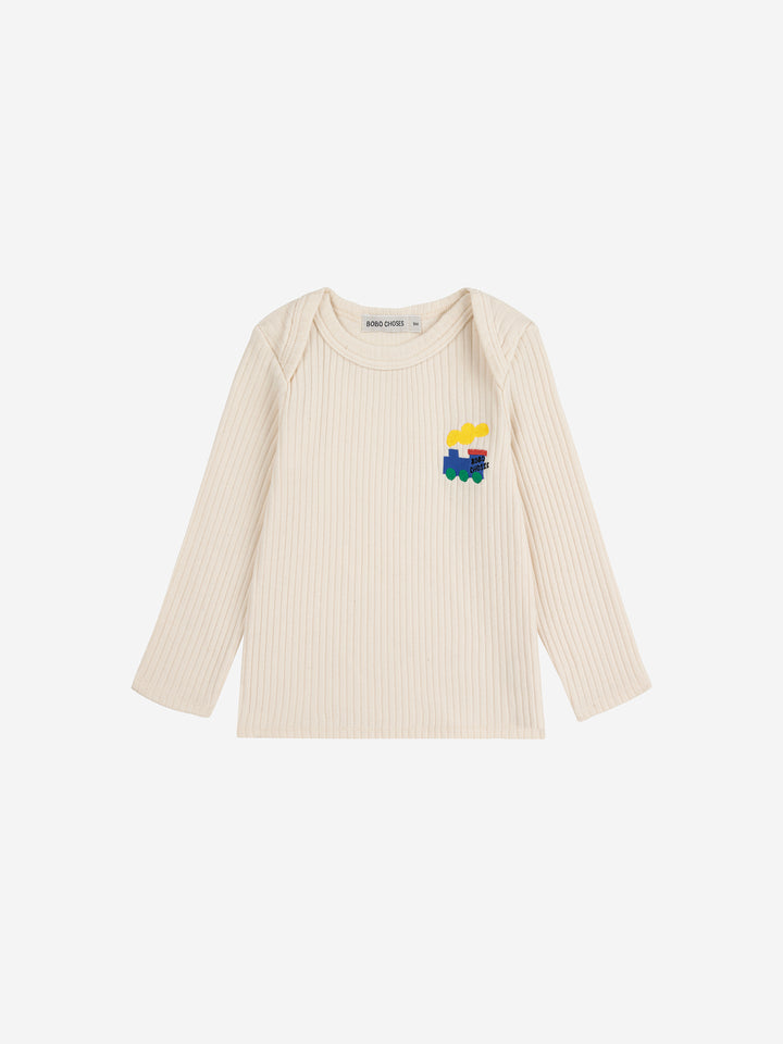 T-shirt manches longues pour bébé en coton écru avec petit train 