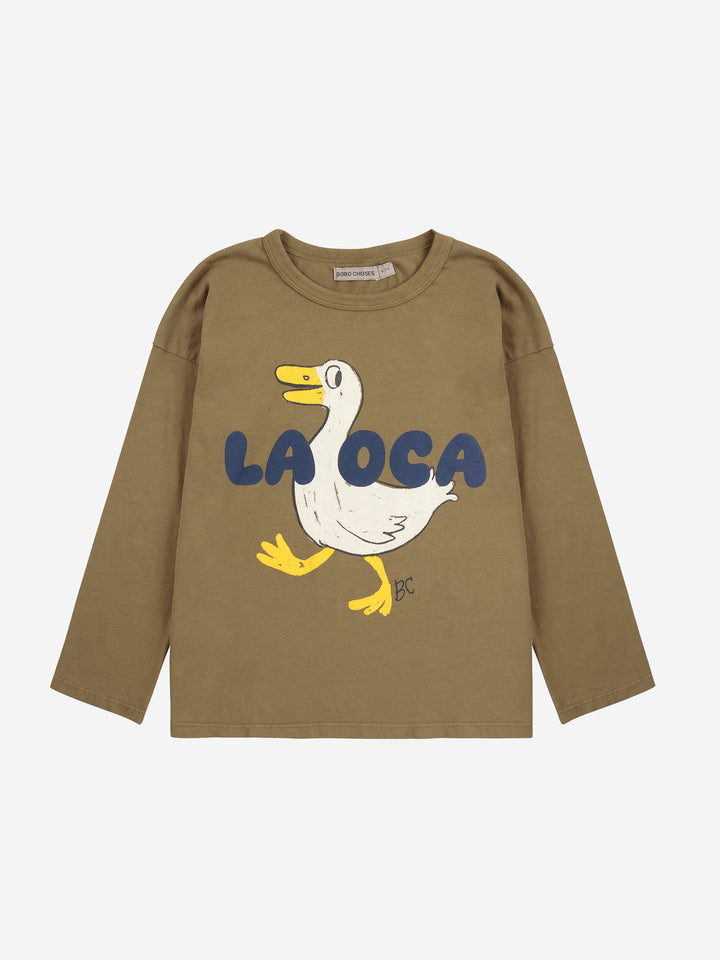 T-shirt manches longues Bobo Choses en coton olive avec La Oca imprimé sur le devant
