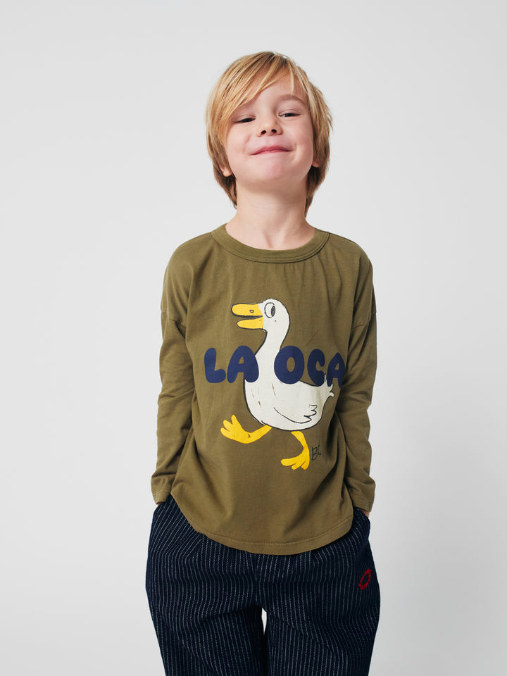 T-shirt manches longues Bobo Choses en coton olive avec La Oca imprimé sur le devant