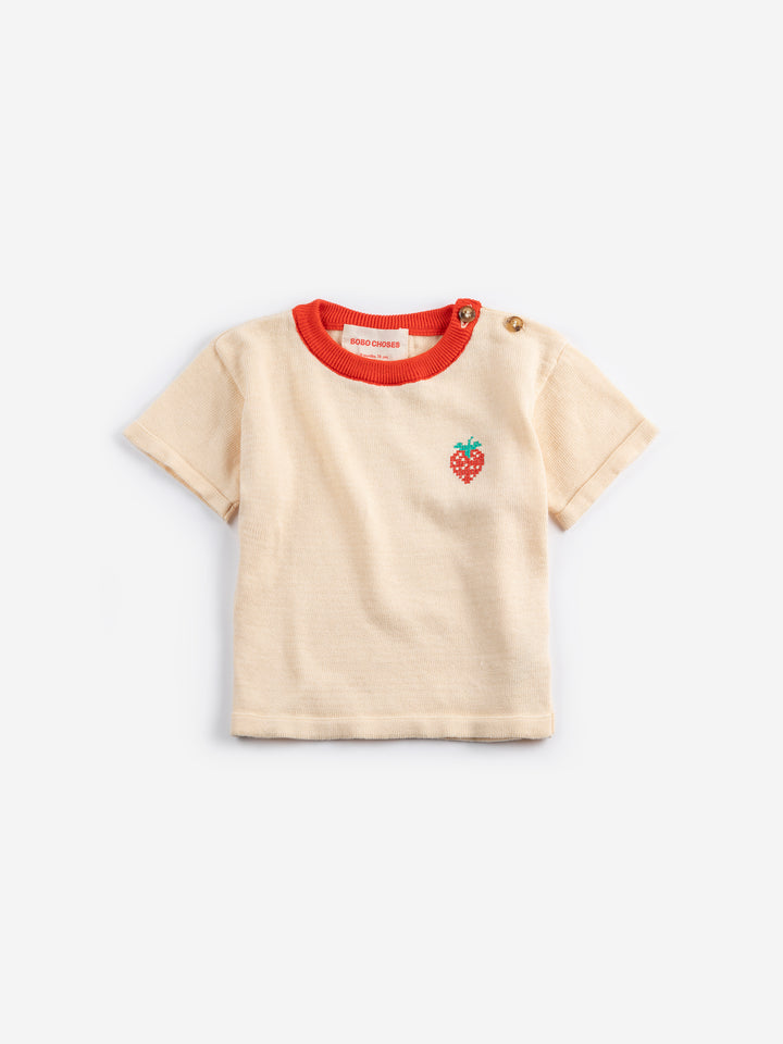T-shirt tricoté en coton beige avec fraise brodée