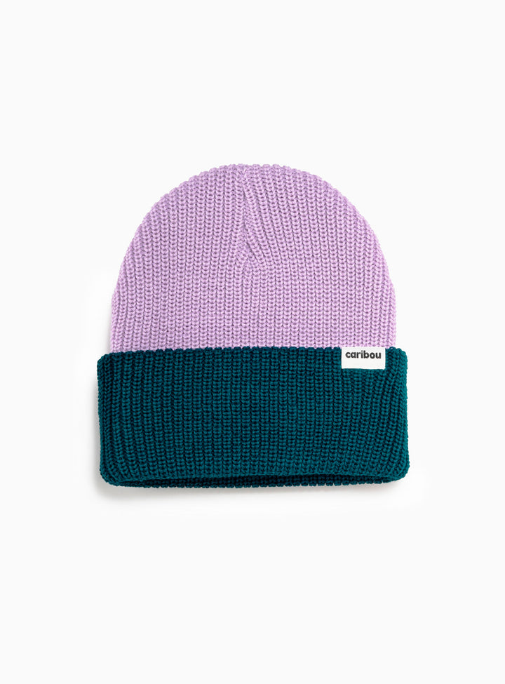 Tuque pêcheur tricoté en laine mérinos  lavande et vert