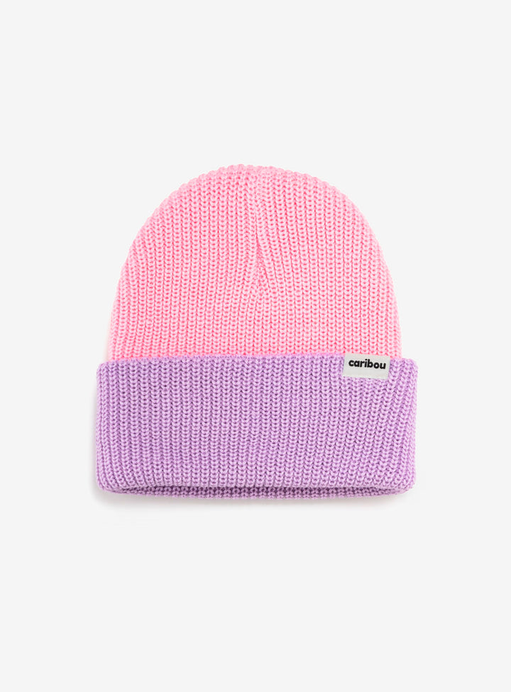 Tuque pêcheur tricoté en laine mérinos lavande et rose 