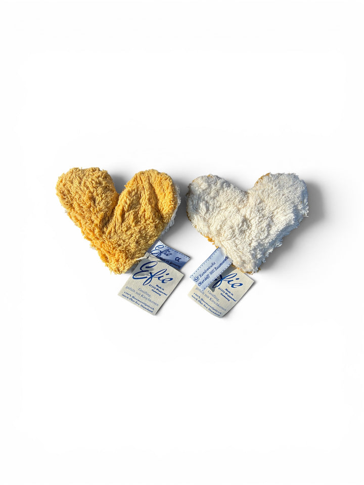 Toutou - hochet en coton biologique jaune et blanc en forme de coeur 