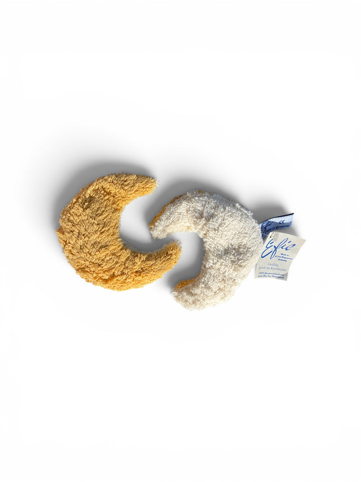 Toutou/hochet en coton biologique jaune et blanc en forme de lune