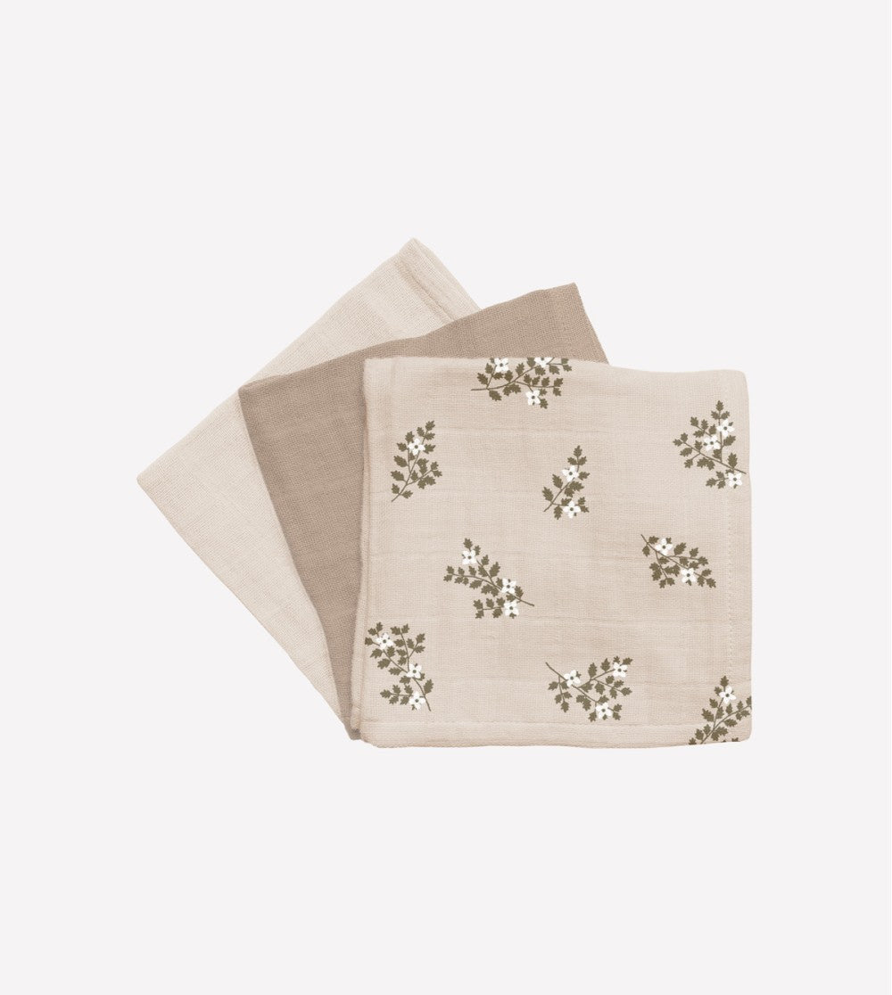 Trio mini langes en mousseline Holly flowers, sable, écru