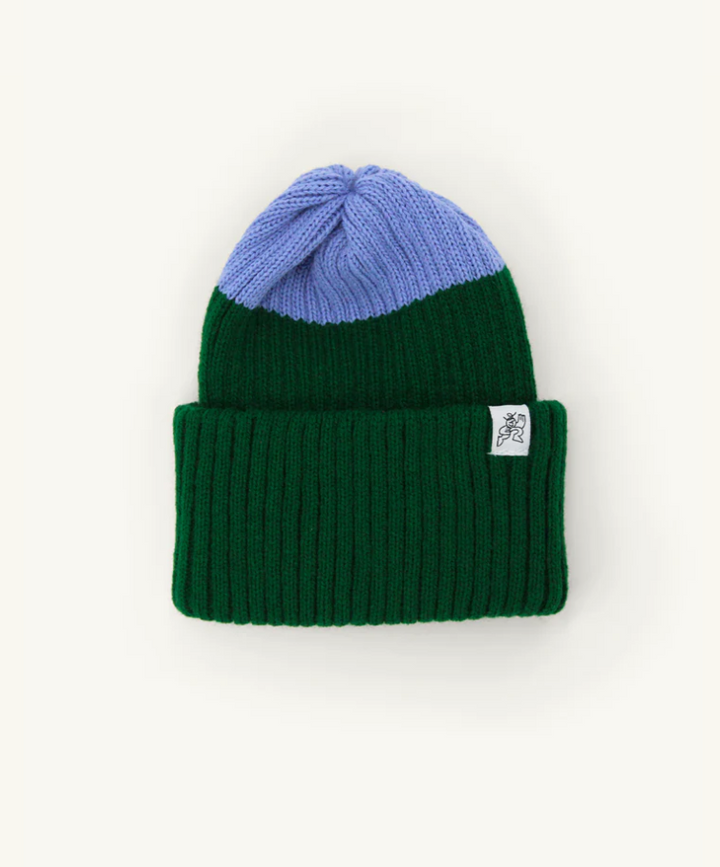 Tuque tricoté bicolore vert et bleu