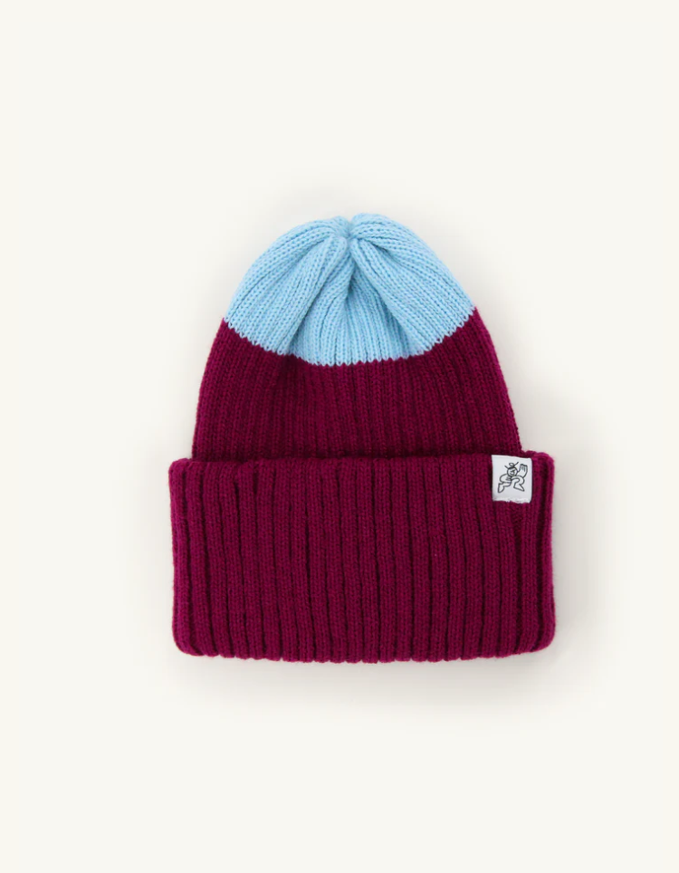Tuque tricoté bicolore prune et bleu ciel