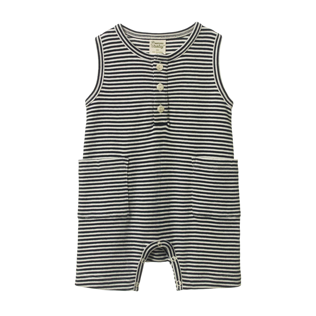 Une pièce pour bébé sans manches en coton rayé marine