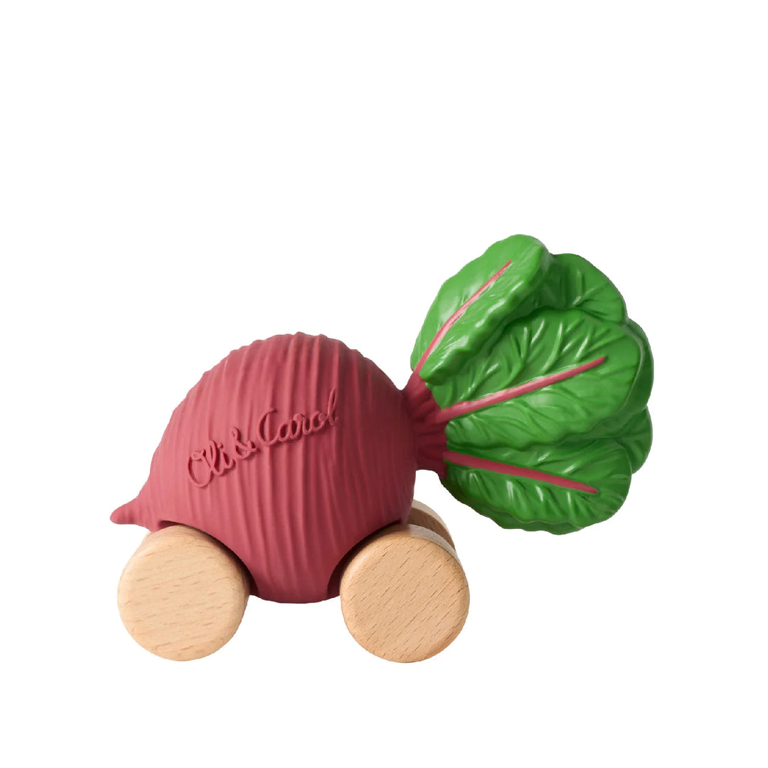 Voiture pour bébé en caoutchouc et bois en forme de betterave