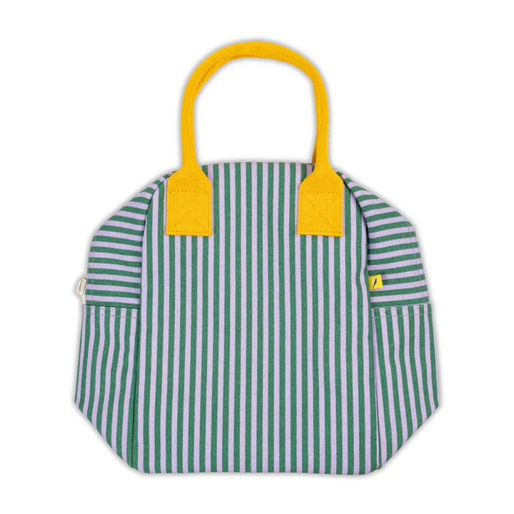 Boîte à lunch Fluf en coton rayé vert et violet avec des anses jaunes