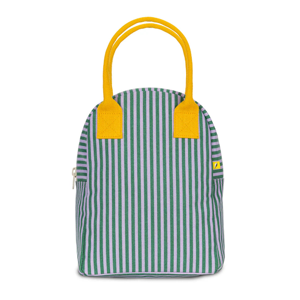 Boîte à lunch Fluf en coton rayé vert et violet avec des anses jaunes