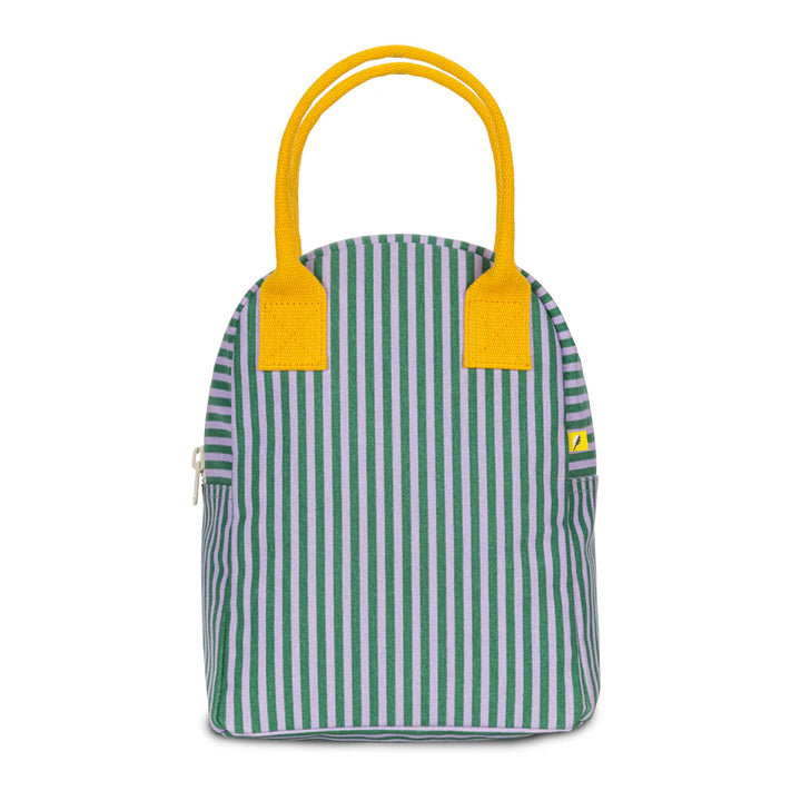 Boîte à lunch Fluf en coton rayé vert et violet avec des anses jaunes