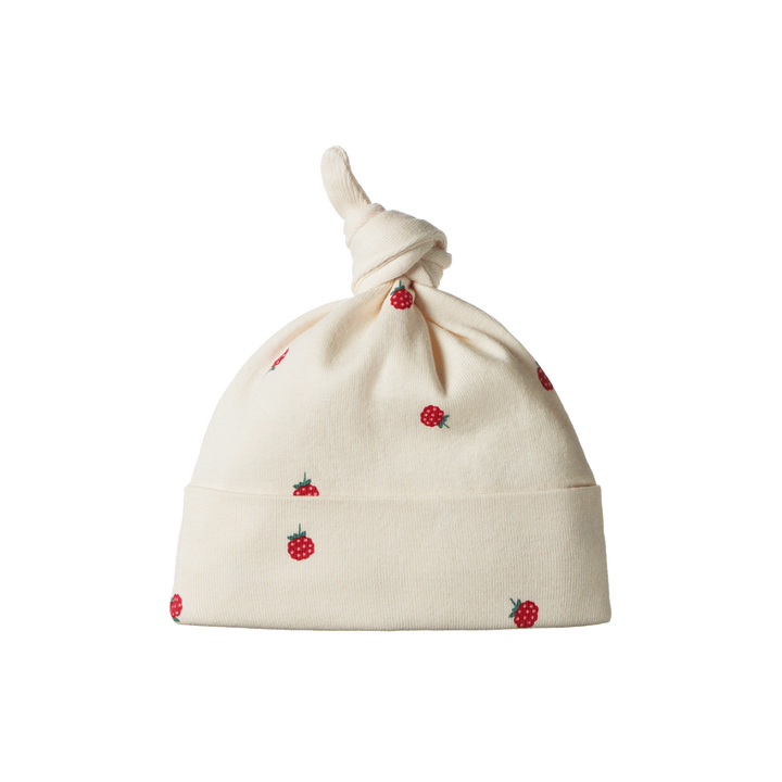 Bonnet noué en coton écru avec imprimé framboises