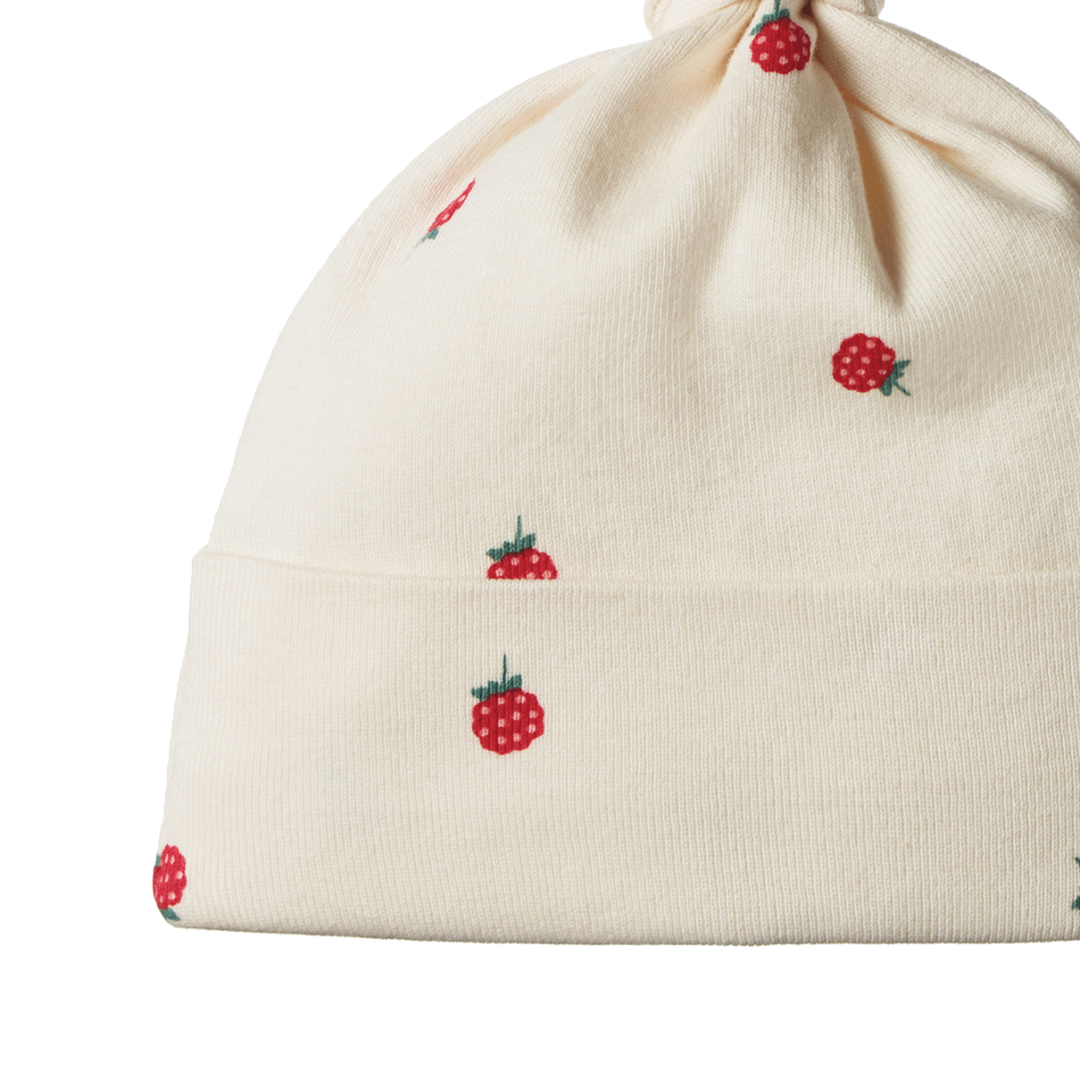 Bonnet noué en coton écru avec imprimé framboises