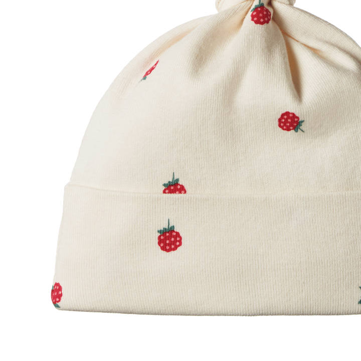 Bonnet noué en coton écru avec imprimé framboises