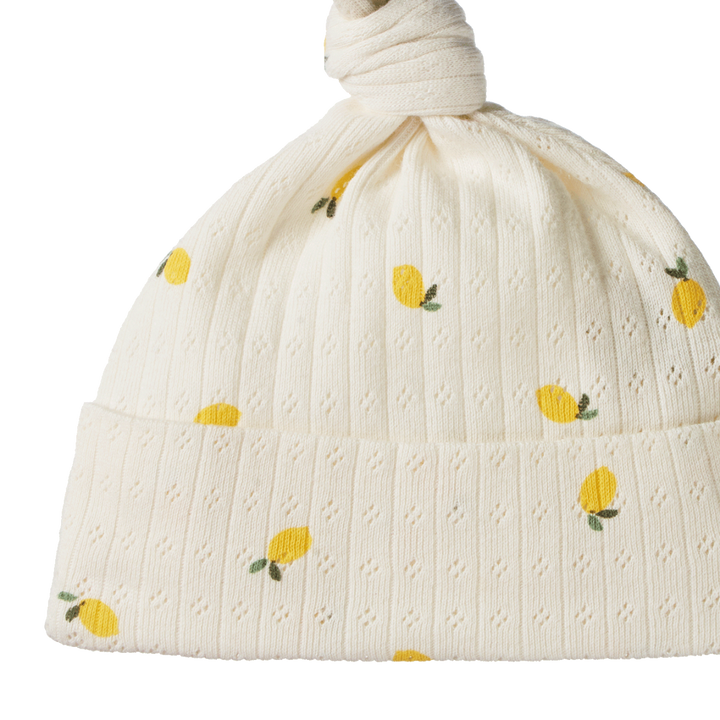 Bonnet noué pointelle naturel avec imprimé citrons