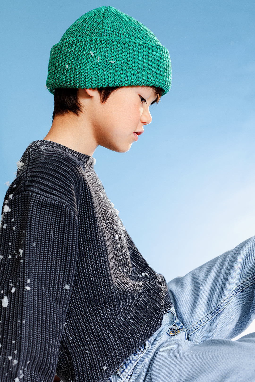 Enfant avec Tuque pêcheur Caribou en tricot vert