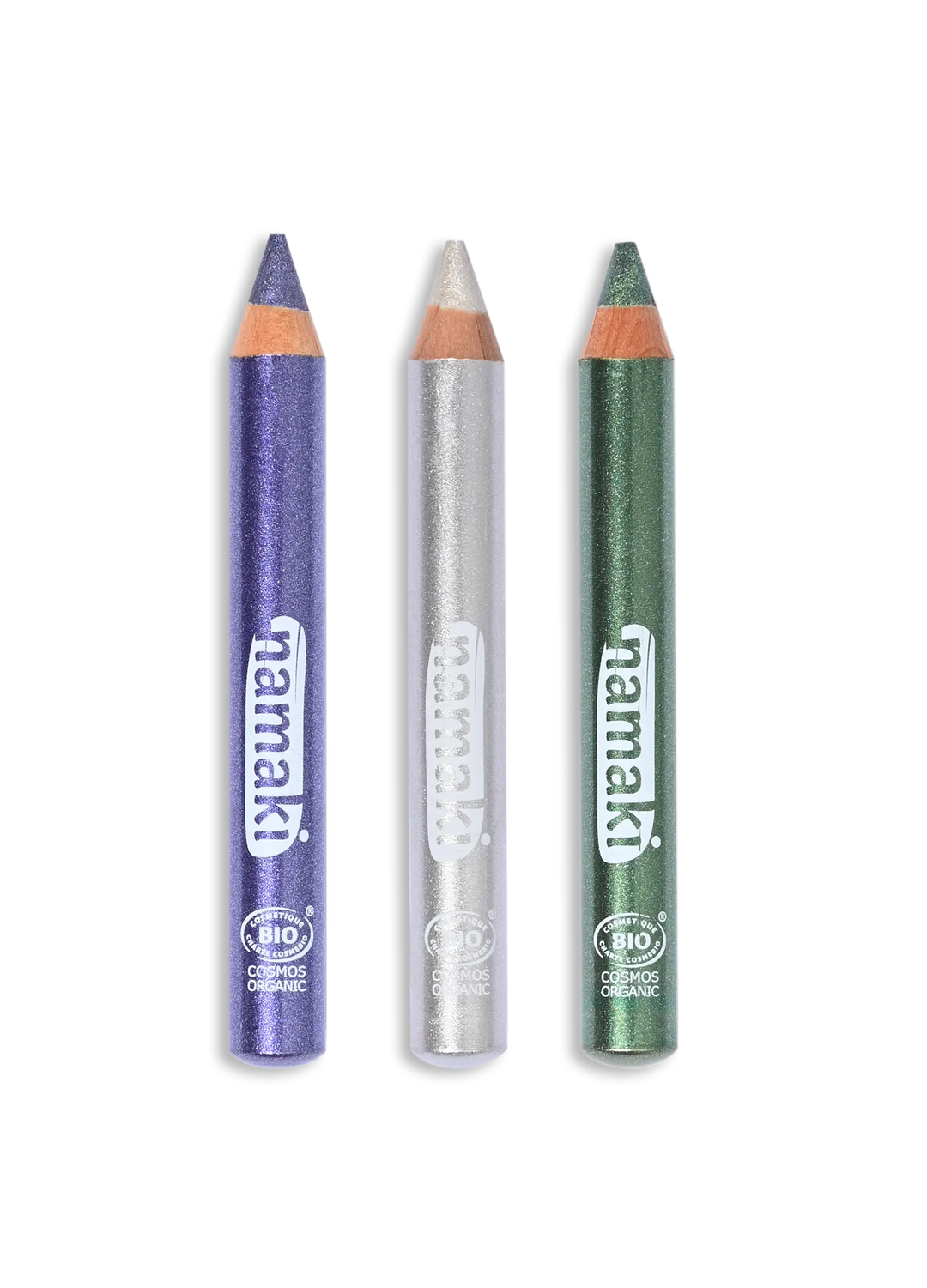 3 Crayons de maquillage pailletés violet, argent, vert