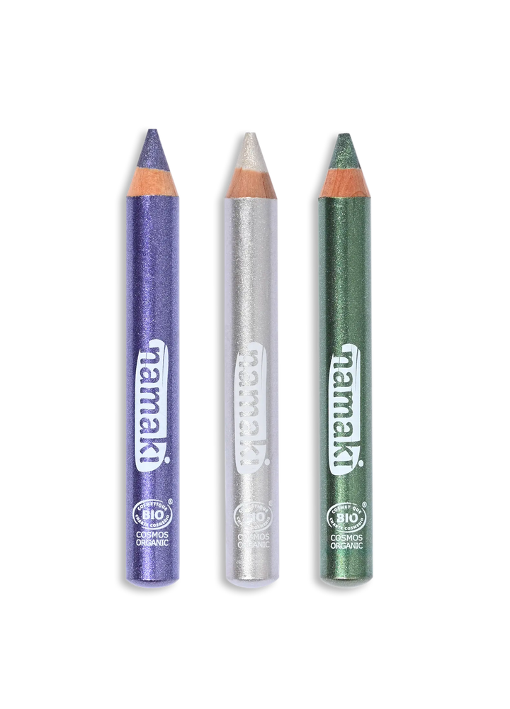 3 Crayons de maquillage pailletés violet, argent, vert