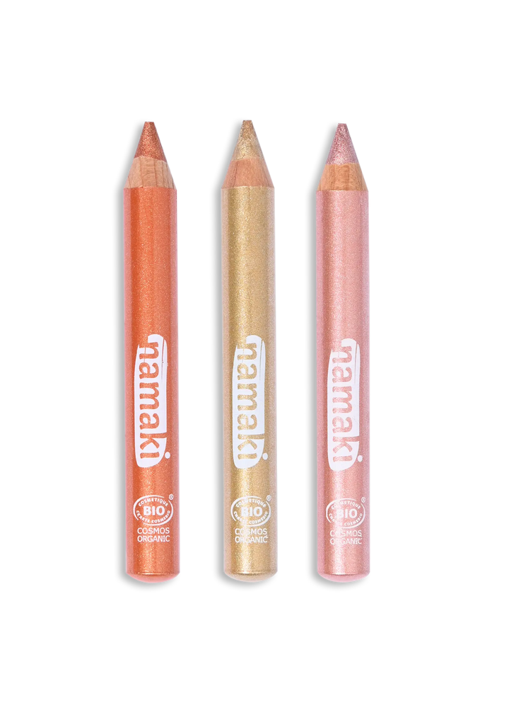 3 Crayons de maquillage pailletés cuivre, or, rose